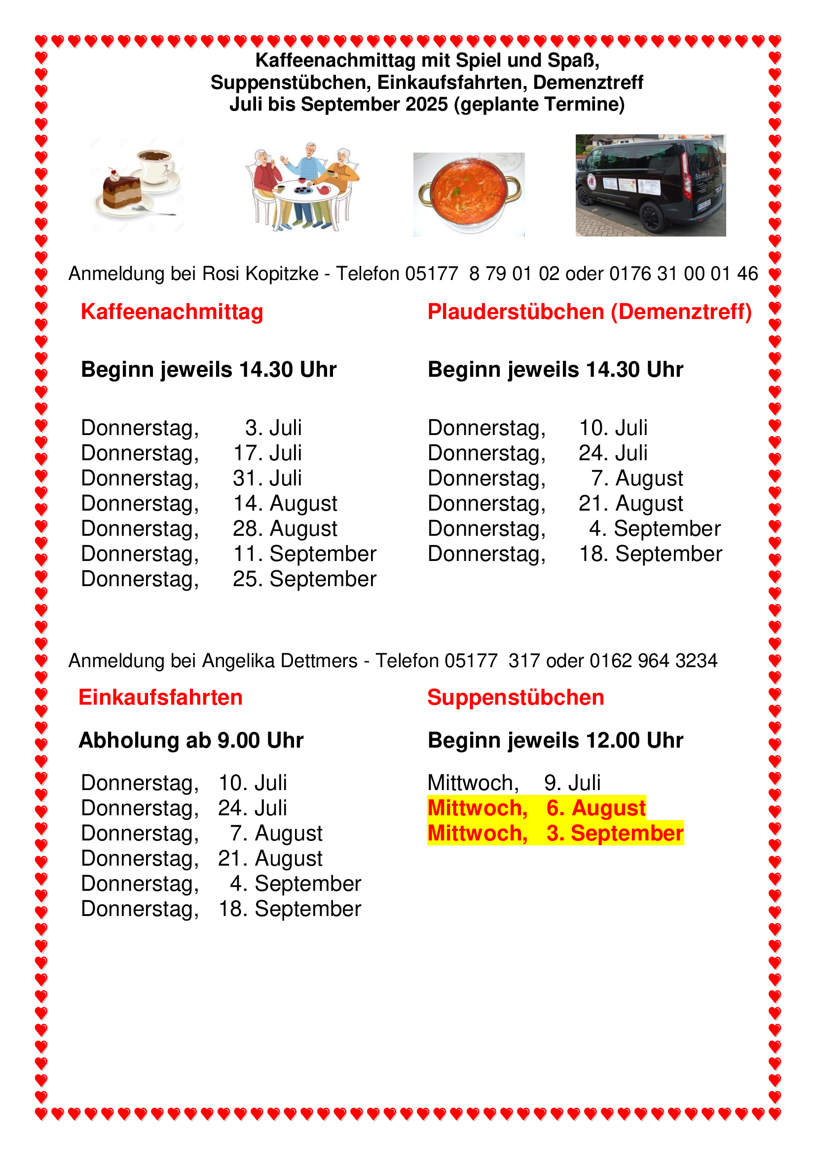 Terminplan für Kaffeenachmittage, Demenztreff, Einkaufsfahrten und Suppenstübchen