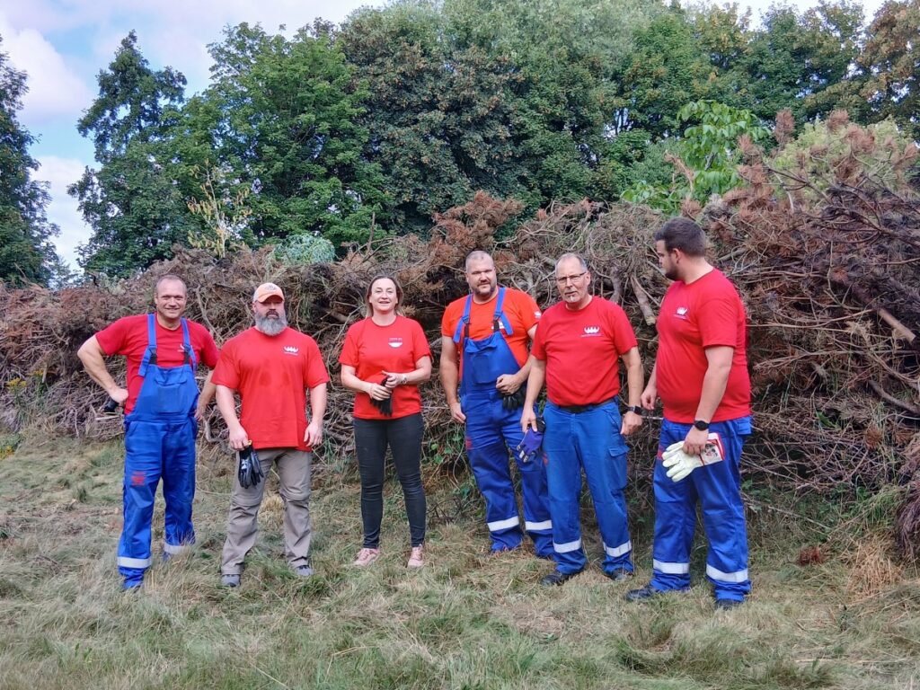 Gruppenfoto. 5 Männer und eine Frau stehen auf einer Wiese.