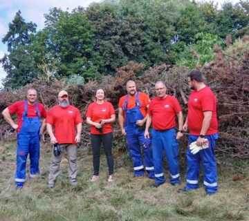 Gruppenfoto. 5 Männer und eine Frau stehen auf einer Wiese.