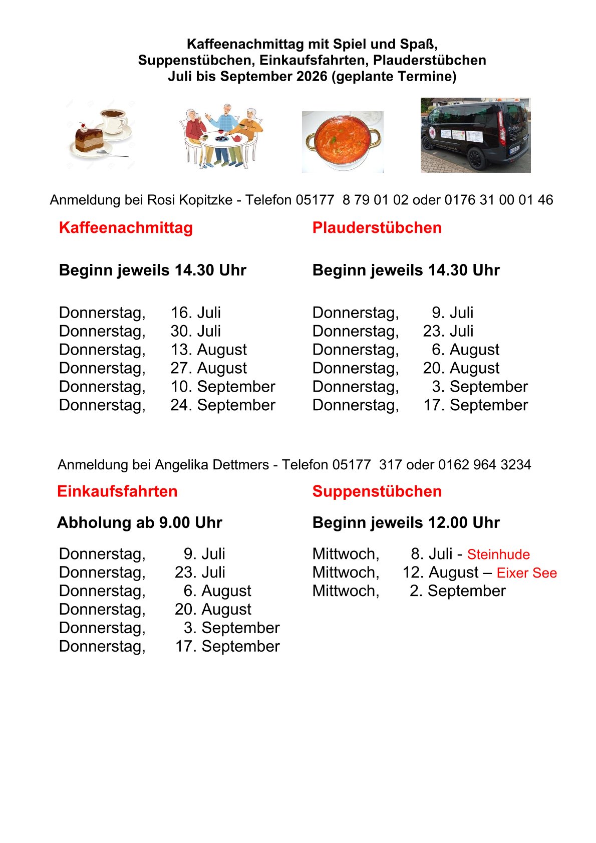 Terminkalender mit den Terminen bis September 2026