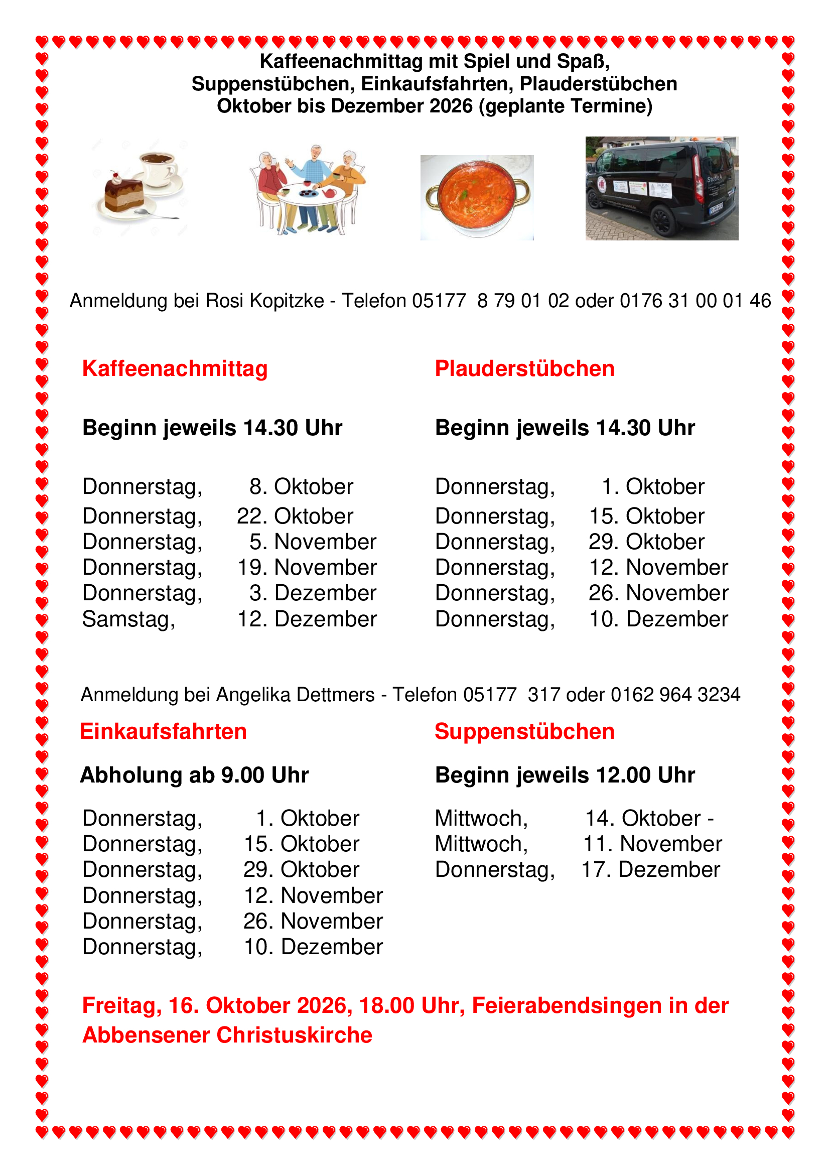 Seniorennachmittag Demenz Suppenstübchen Einkaufen Oktober bis Dezember 2026